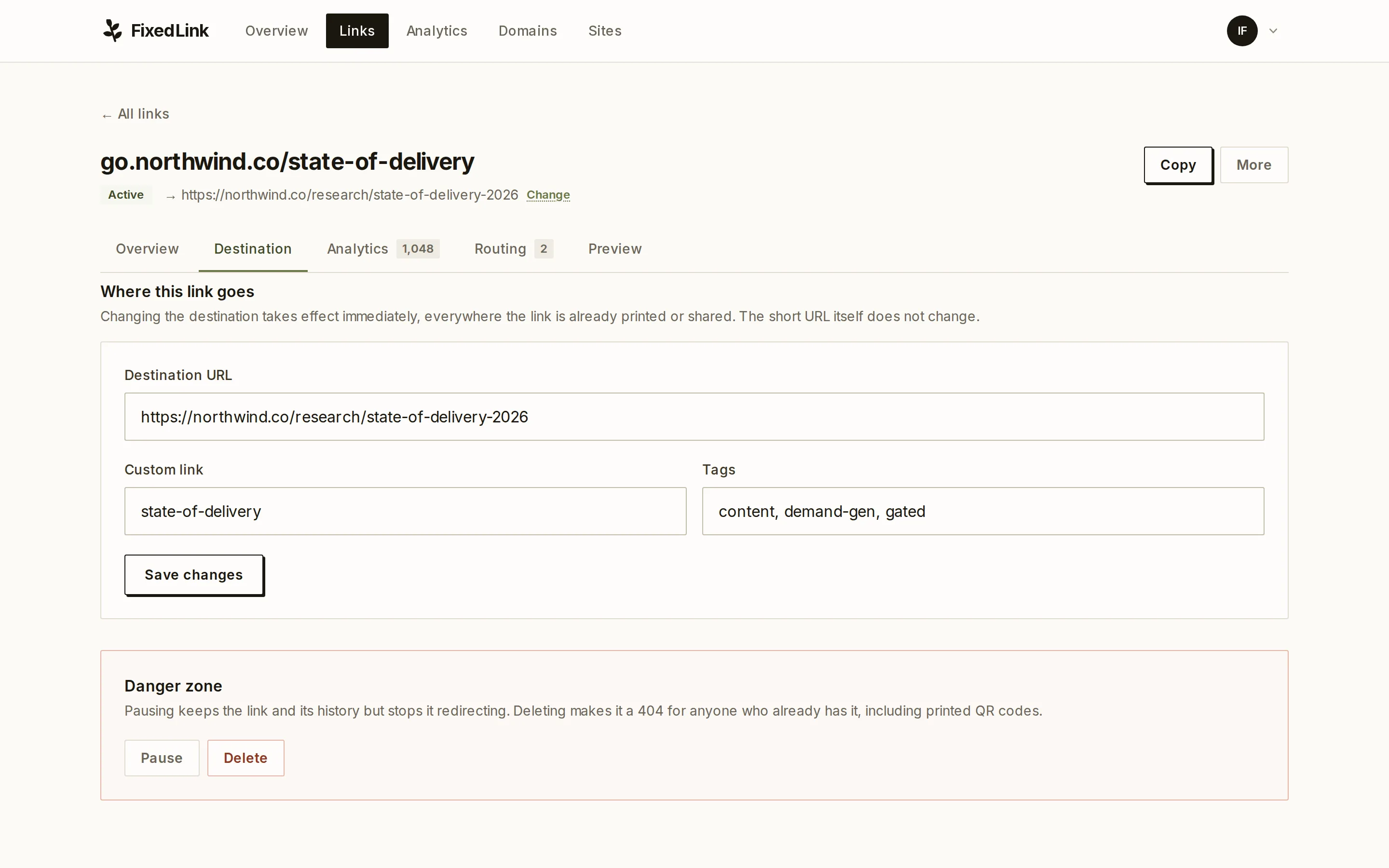 The destination field for a live link, with the short URL unchanged above it