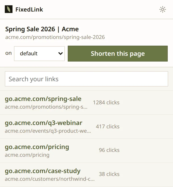 The extension popup, showing the page you are on and a button to shorten it, above your recent links and their click counts.