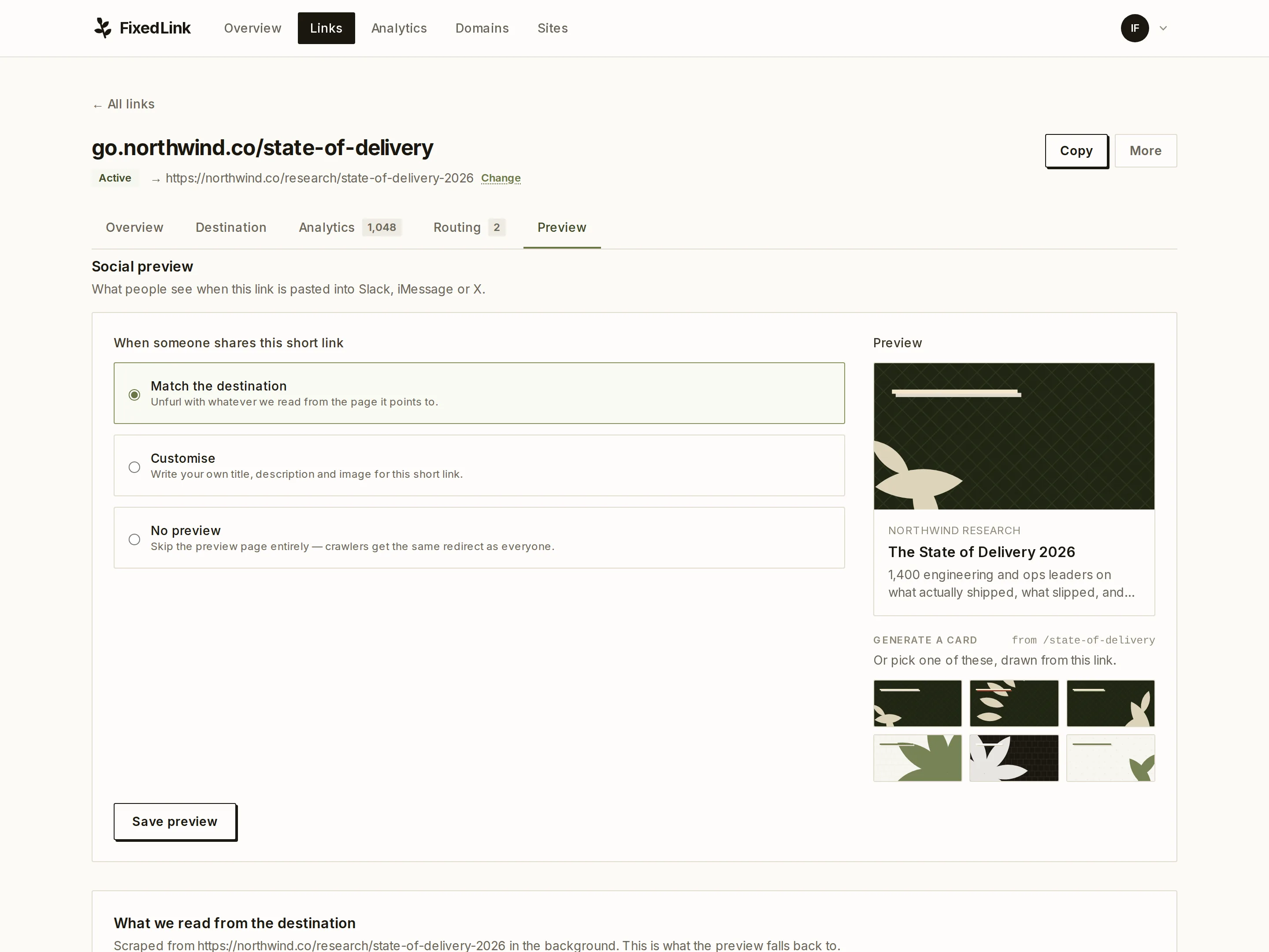 The preview editor, with a button that drafts card copy with AI