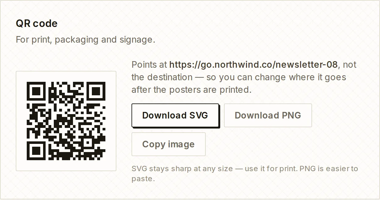 The QR code panel, showing that the code points at the short link rather than the destination